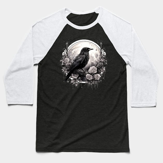 Gothic Crow, Full Moon, Roses, Raven Edgar Allan Poe Witchy Mystic Baseball T-Shirt by LunaElizabeth